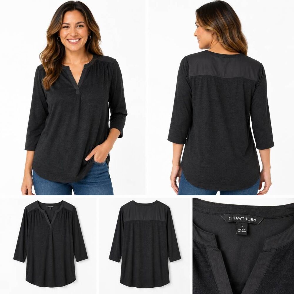 41 Hawthorn L Black Knit 3/4 Sleeve Tunic Top